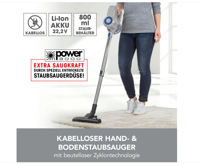 CLEANmaxx Akku-Zyklon-Staubsauger 22,2V - hellgrau/blau