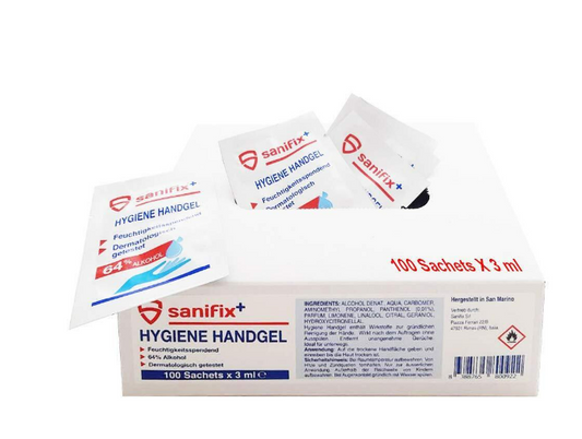 Hygiene Handgel Desinfektionsmittel Box, 100 x 3 ml, schonend, Sanifix